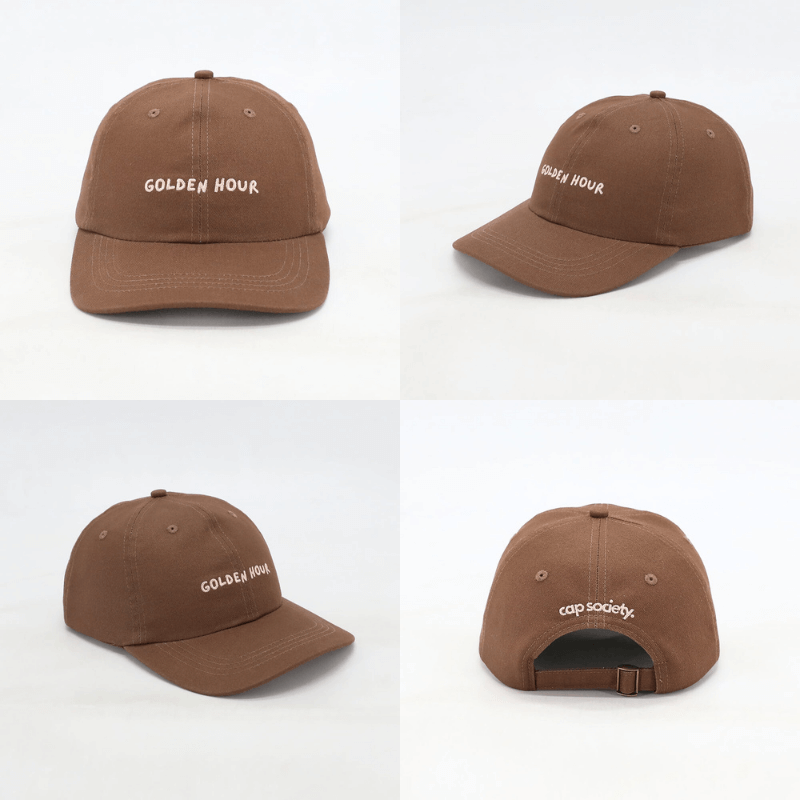 Brown women's mid-profile cap with Golden Hour and Cap Society embroidery with custom fit, adjustable clasp, and petite brim