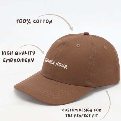 Brown women's mid-profile cap with Golden Hour and details for 100% cotton, relaxed fit, and high quality embroidery