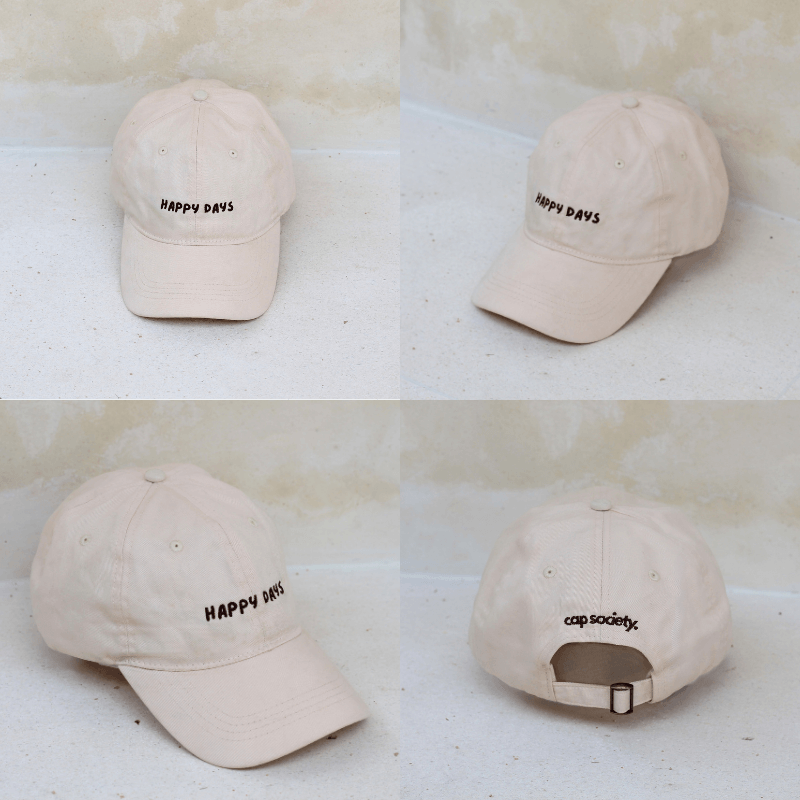 Relaxed 100% cotton women's mid-profile cap in cream featuring Happy Days Australia
