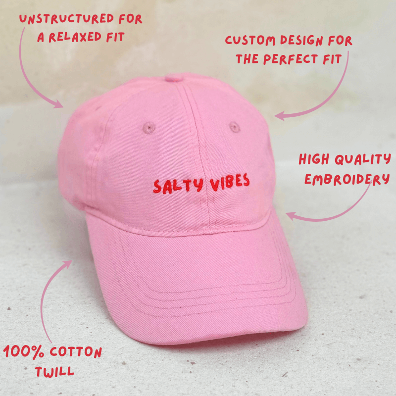 Pink cotton cap with salty vibes. 100% cotton for Australian women with details 